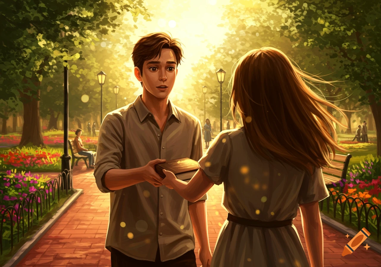 Illustrated scene of a man taking a book from a woman in a sunny park with flowers.