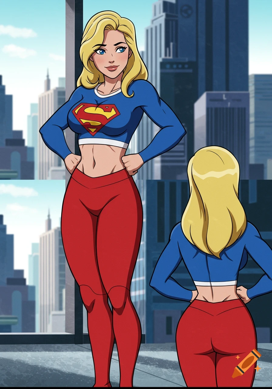 Animated Supergirl in a blue crop top and red yoga leggings, posing with a cityscape background, showing front and back views.