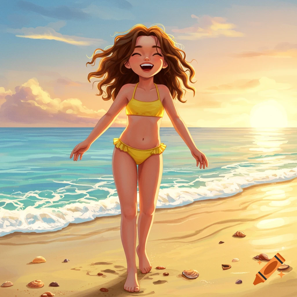 Cartoon girl in a yellow swimsuit walks on a sandy beach at sunset, smiling.