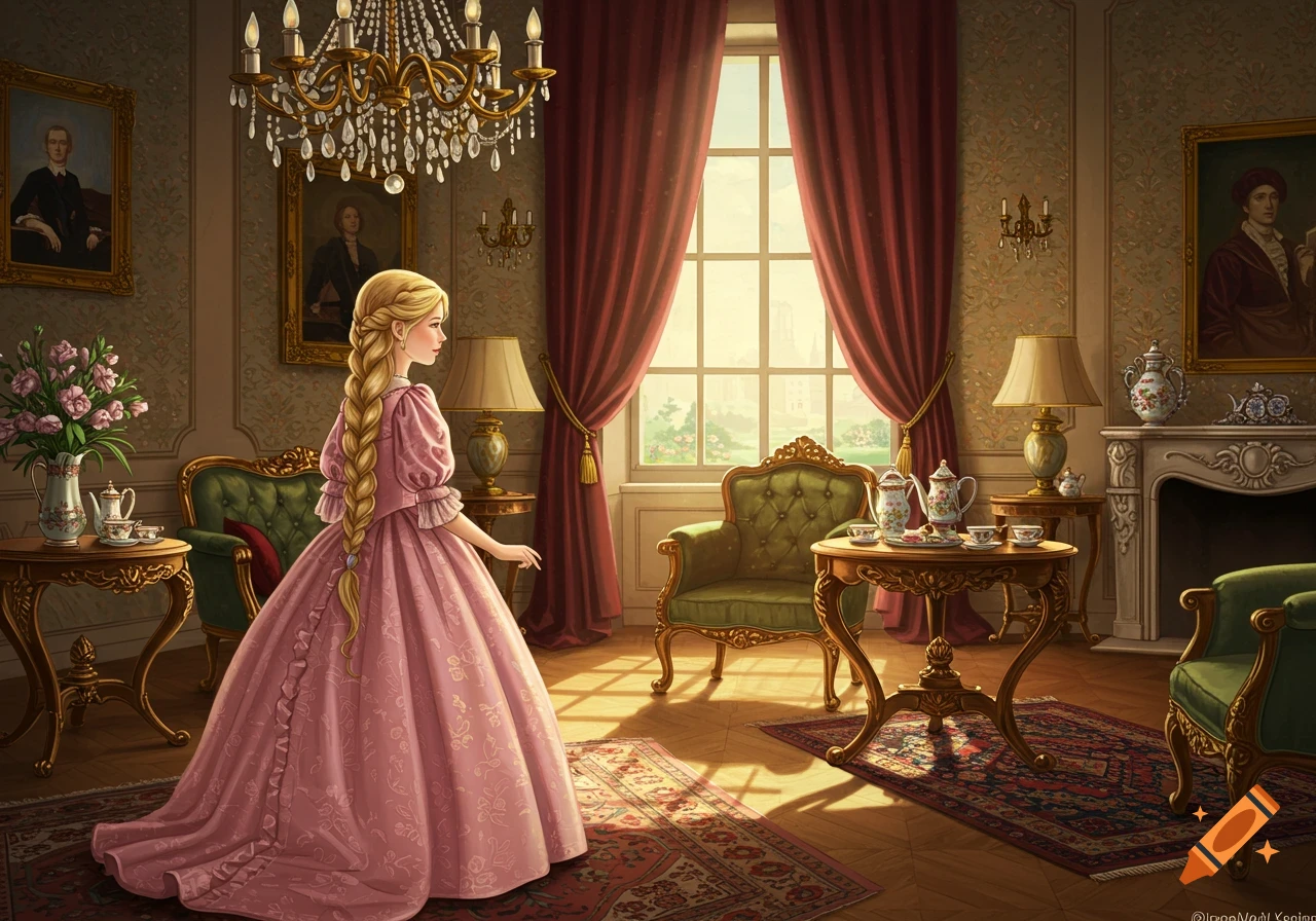 An illustration of a girl in a pink dress and long blonde braid standing in an ornate Victorian room.