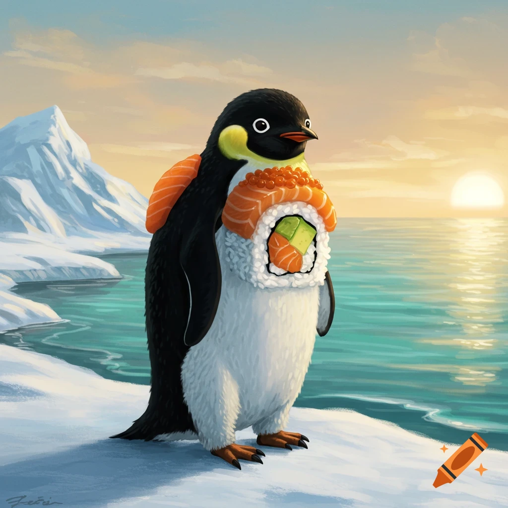 A cute digital painting of a penguin standing on an icy shore, adorned with sushi rolls and salmon sashimi, at sunset.