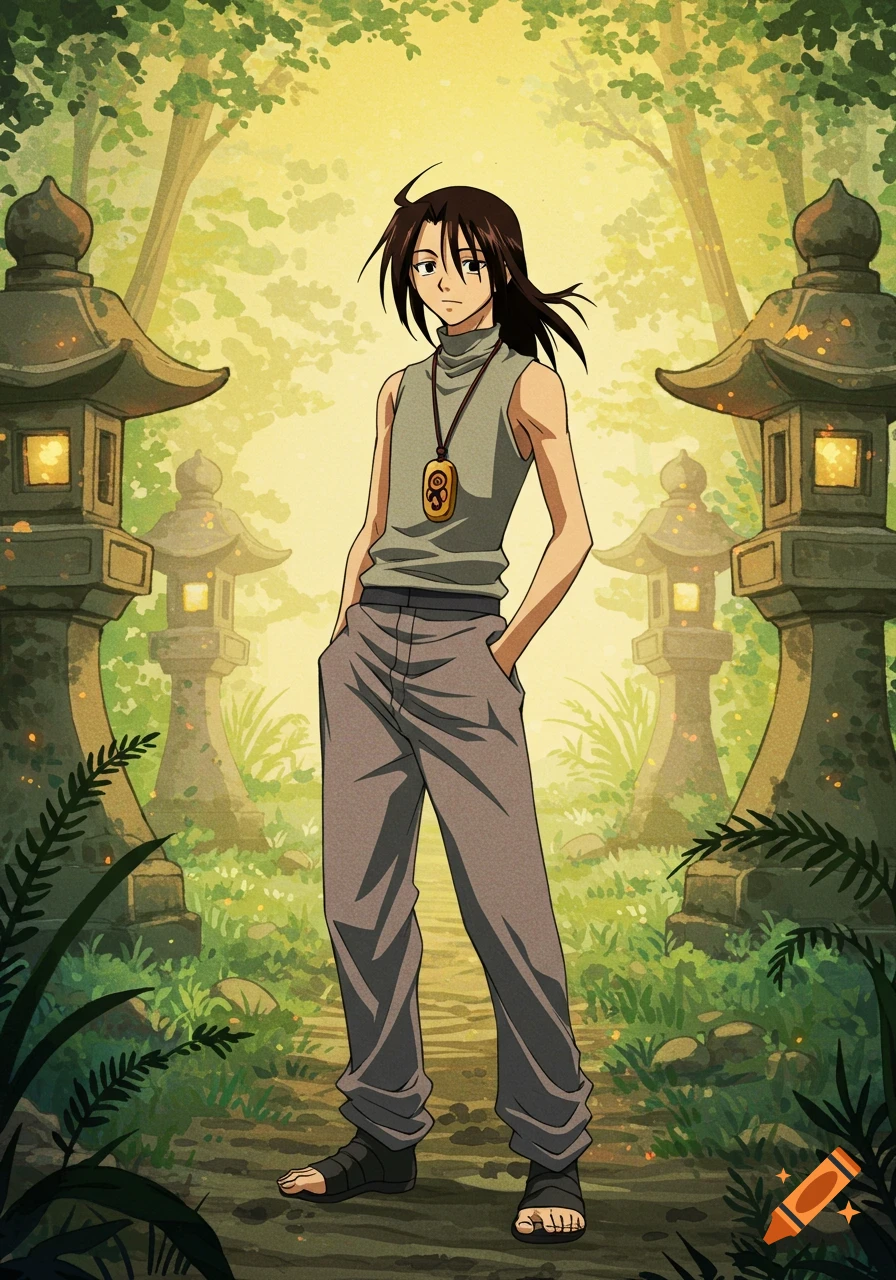 Anime-style young man with dark hair, grey sleeveless top, and pants, standing in a forest with stone lanterns.