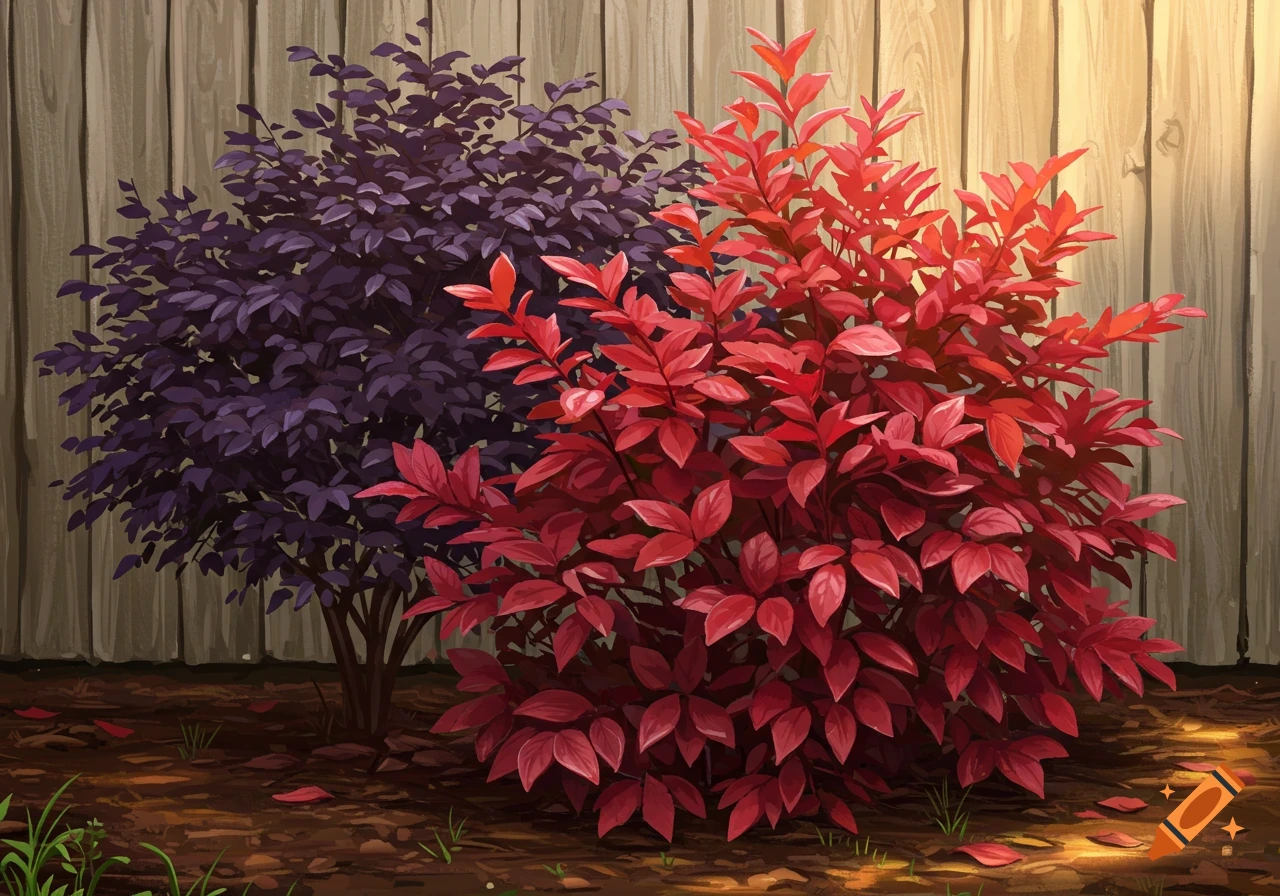 Illustration of a vibrant red-leafed bush next to a deep purple-leafed bush in a garden, set against a wooden fence.