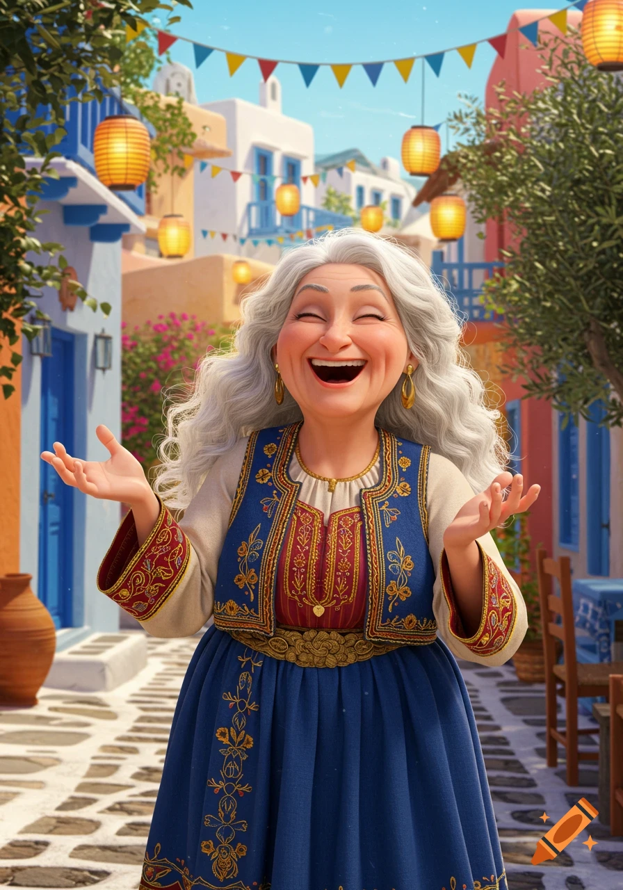 Animated elderly woman with white hair in traditional blue and red clothing laughs happily in a sunny Mediterranean village.