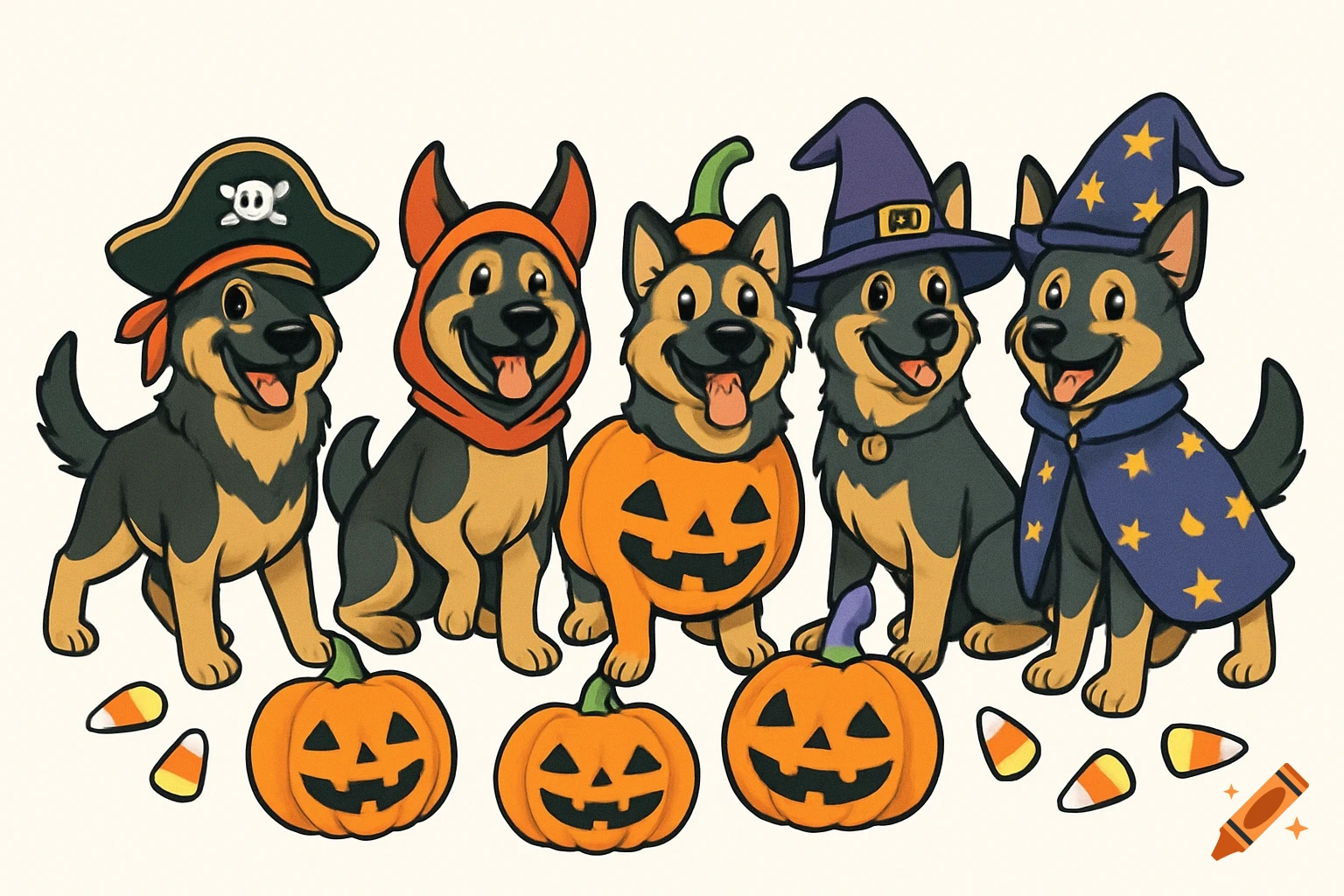 Five cartoon German Shepherds in Halloween costumes: pirate, hooded, pumpkin, witch, and wizard, with pumpkins and candy corn.