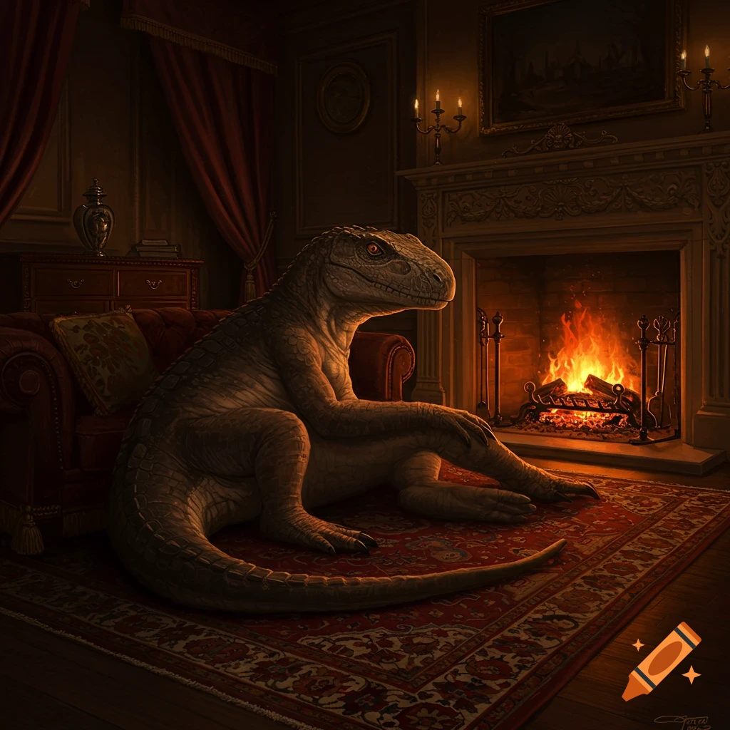 A large, scaly Gorgonopsid reclines on an ornate rug before a roaring fireplace in a dimly lit, richly decorated room.