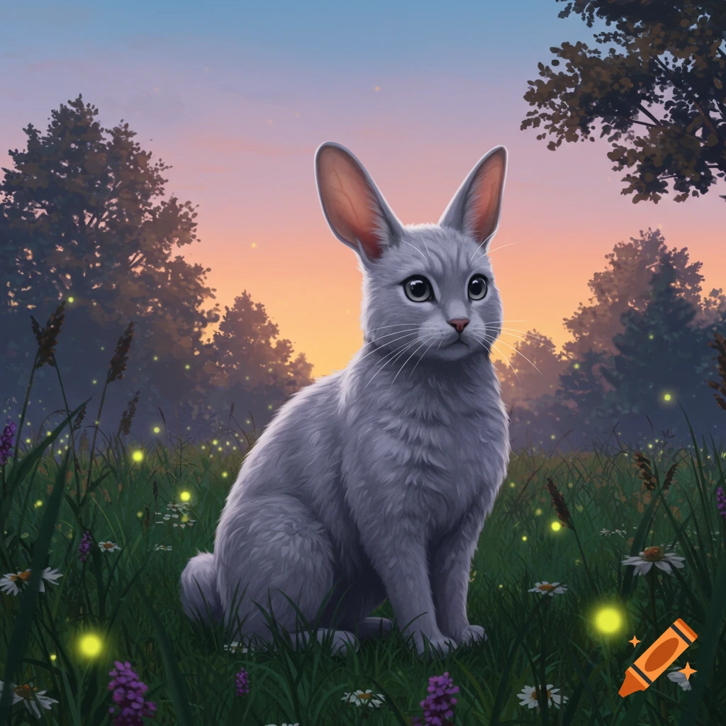 A gray rabbit-cat hybrid sits in a lush meadow with glowing fireflies under a vibrant sunset sky.