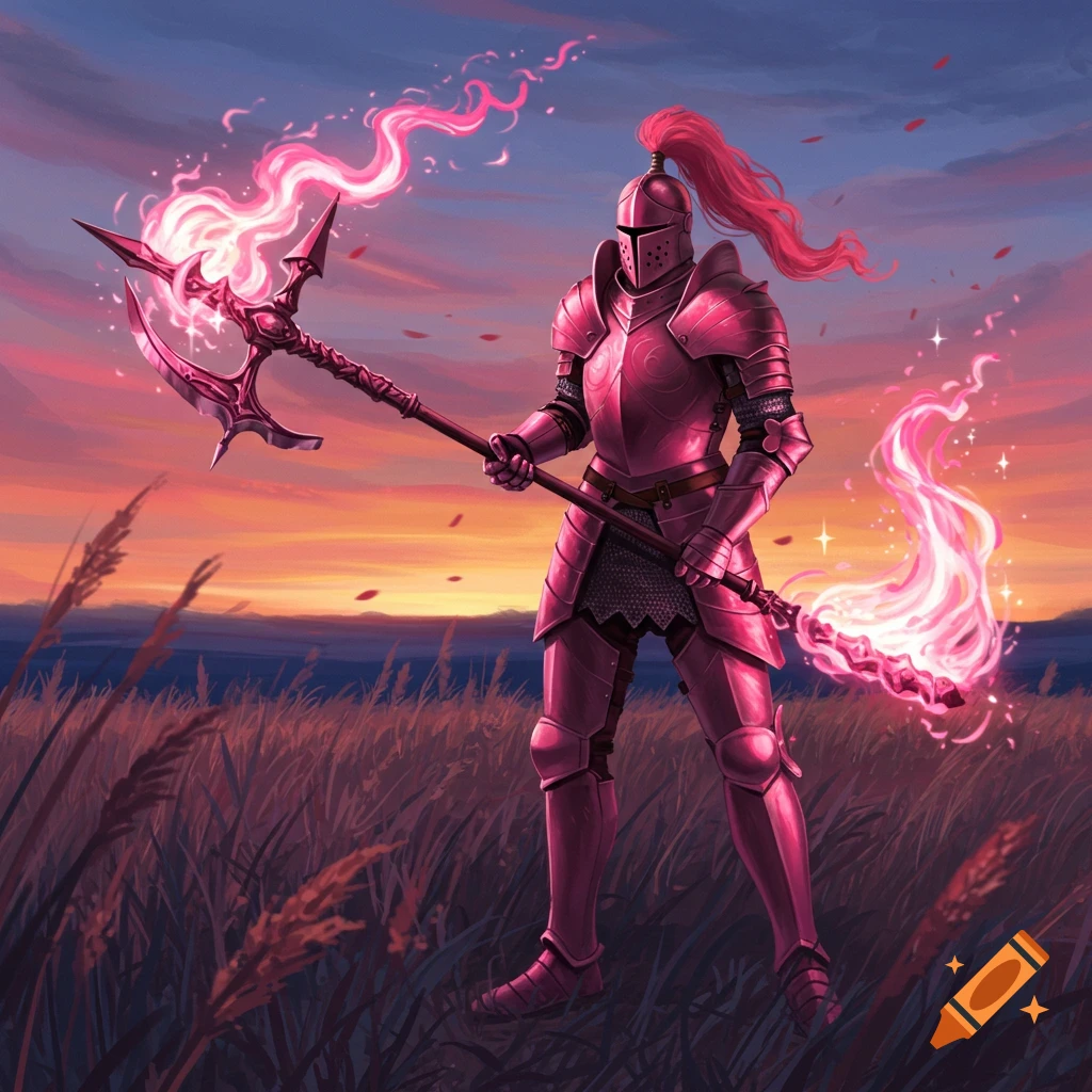 A knight in shiny pink armor holding a glowing pink flaming halberd in a field at sunset, fantasy art style.