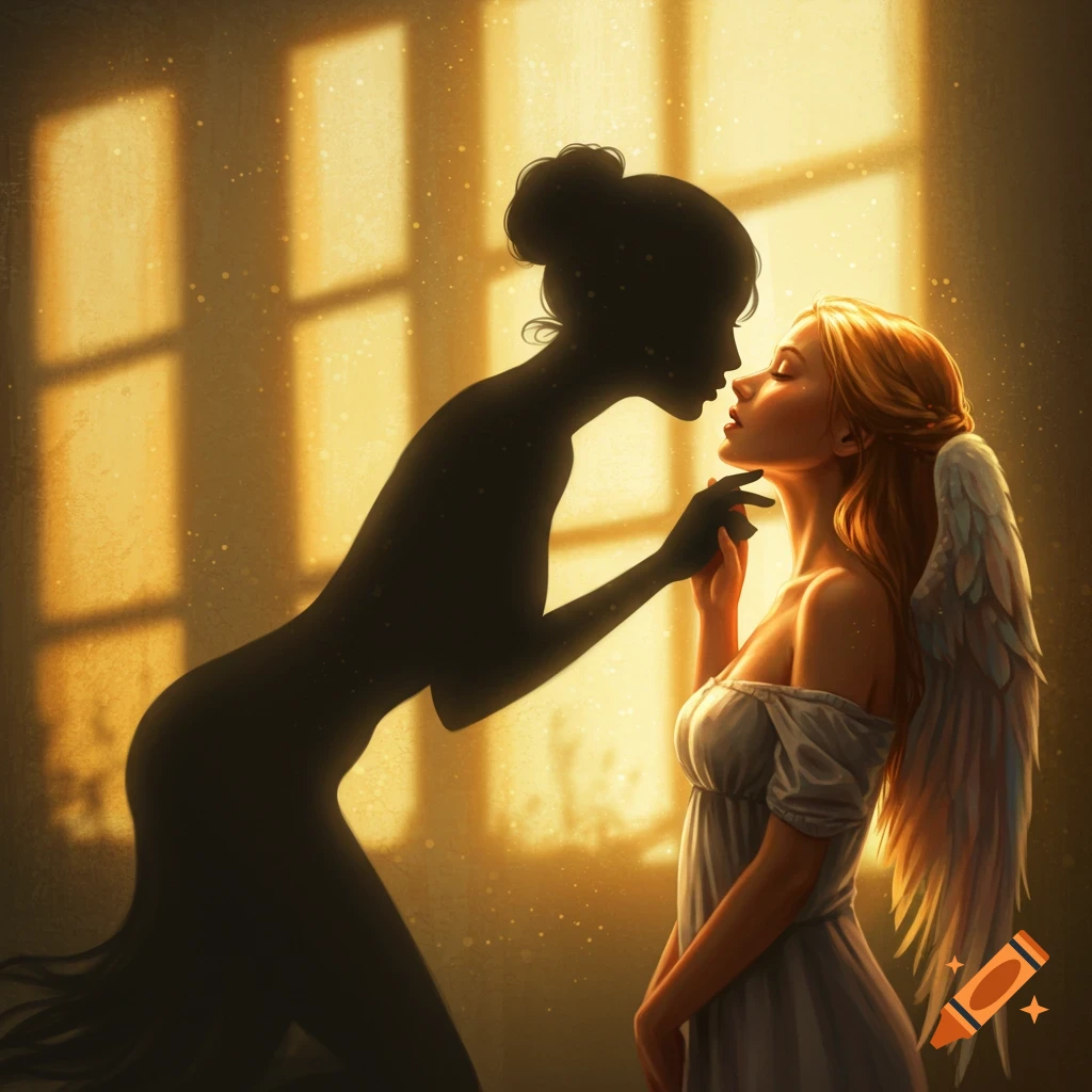 A winged woman in a white dress is gently kissed by a shadowy figure in a sunlit room, digital art.