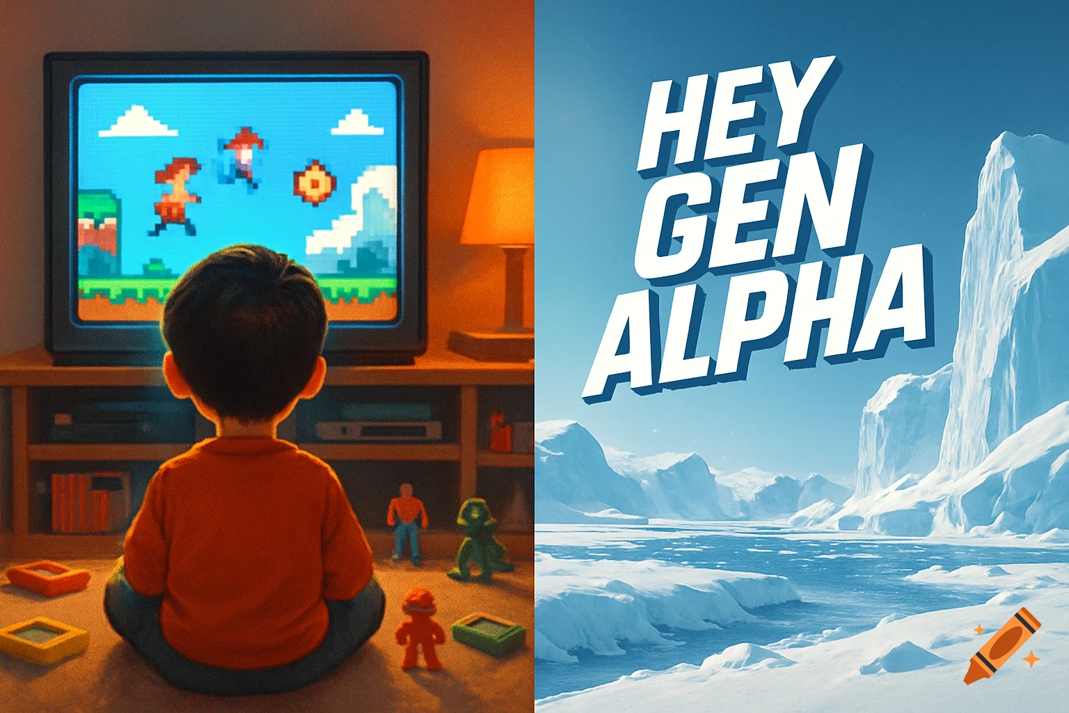A child plays a pixel art video game on the left, while an arctic landscape with 'HEY GEN ALPHA' text is on the right.