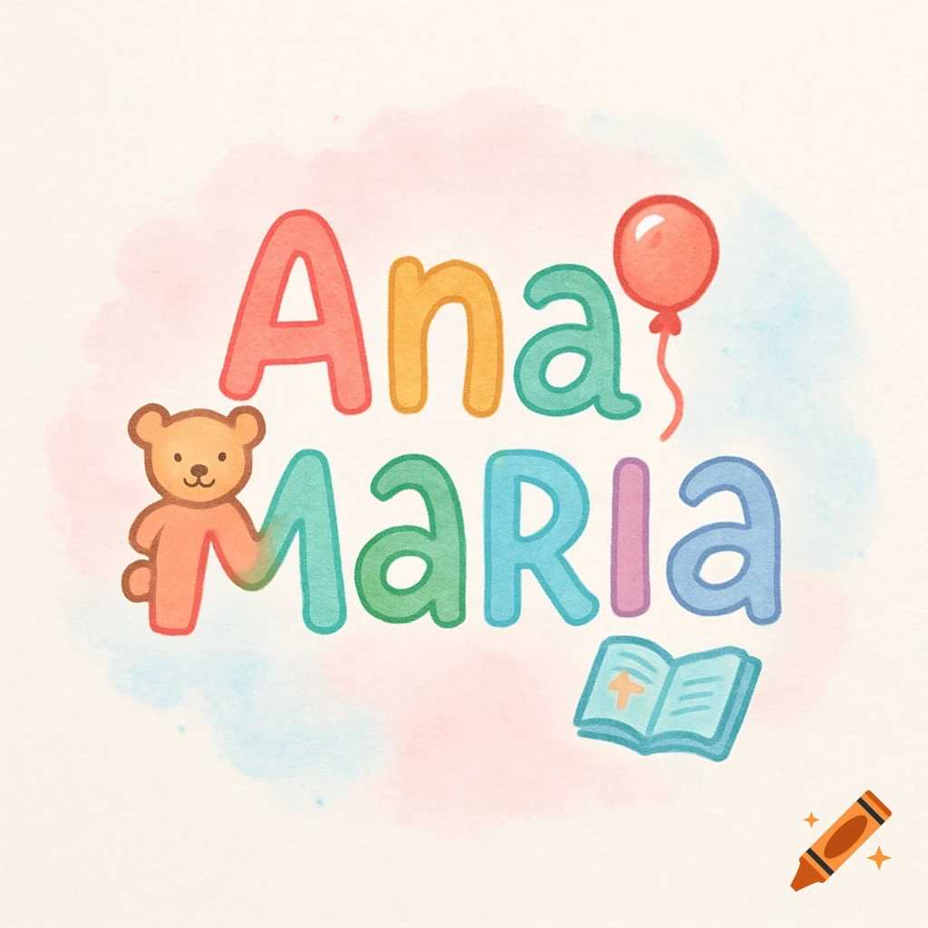 Cute, colorful children's logo with 'Ana Maria' text, a teddy bear, red balloon, and open book in a watercolor style.