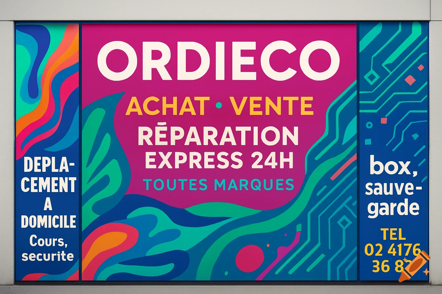 A vibrant, colorful storefront sign with text "ORDIECO", "ACHAT VENTE", "REPARATION EXPRESS 24H", and contact information in a modern graphic style.