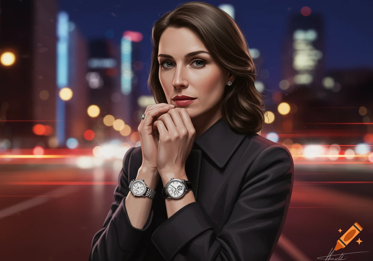 A realistically illustrated woman poses on a city street at night, wearing a dark coat and two elegant wristwatches.