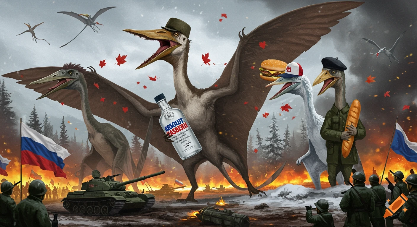 Giant pterosaurs representing Russia (with vodka), USA (with burger), and France (with baguette) on a snowy battlefield with tanks and soldiers, against a backdrop of fires and Russian flags. Stylized cartoon art.