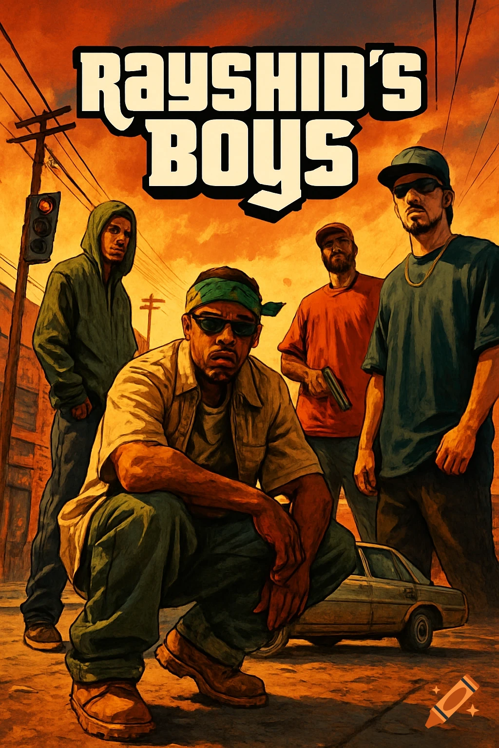 Four stylized men on an urban street with an orange sky, one holding a gun. Text reads 'RAYSHID'S BOYS' at the top.