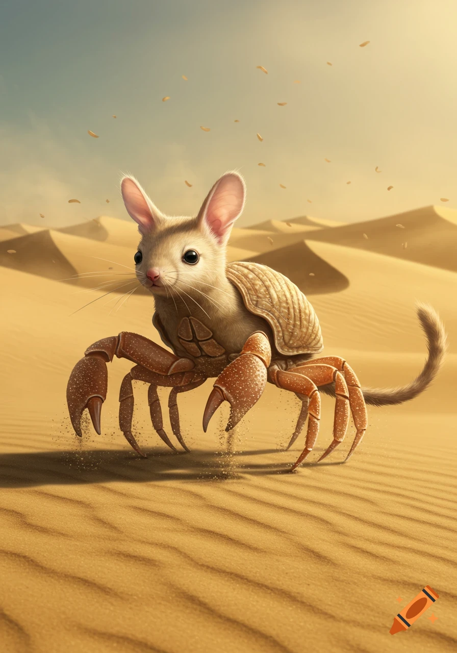 A photorealistic gerboa-crab hybrid with a fuzzy head, long tail, and crab shell/claws walks across a desert dune.