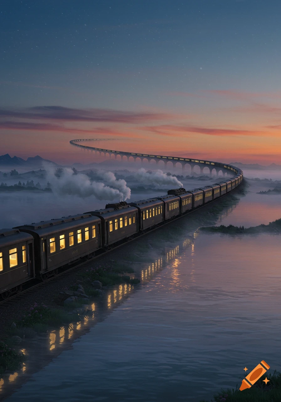 A long train with glowing windows travels beside a misty river at sunset, with an endless arched viaduct fading into the horizon.