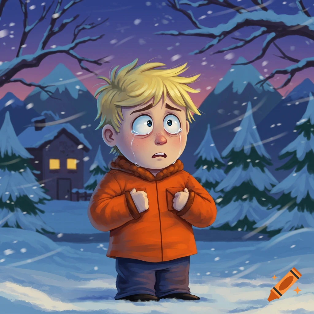 A stylized cartoon boy, resembling Kenny from South Park, cries in a snowy mountain landscape at night.