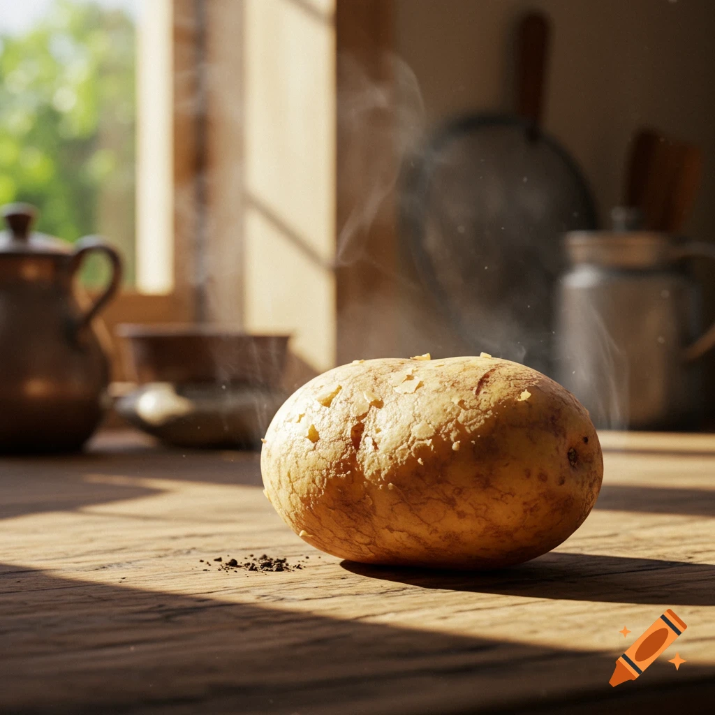 A steaming potato on a wooden kitchen table in warm sunlight.