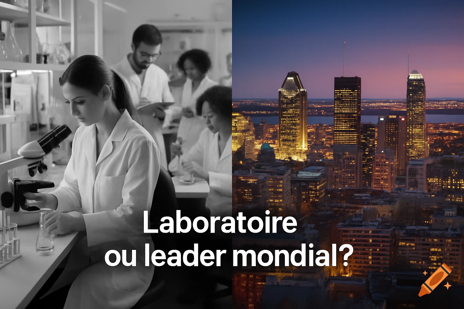 A split image shows a black and white lab scene with scientists and a vibrant color city skyline at dusk, with text 'Laboratoire ou leader mondial?'.