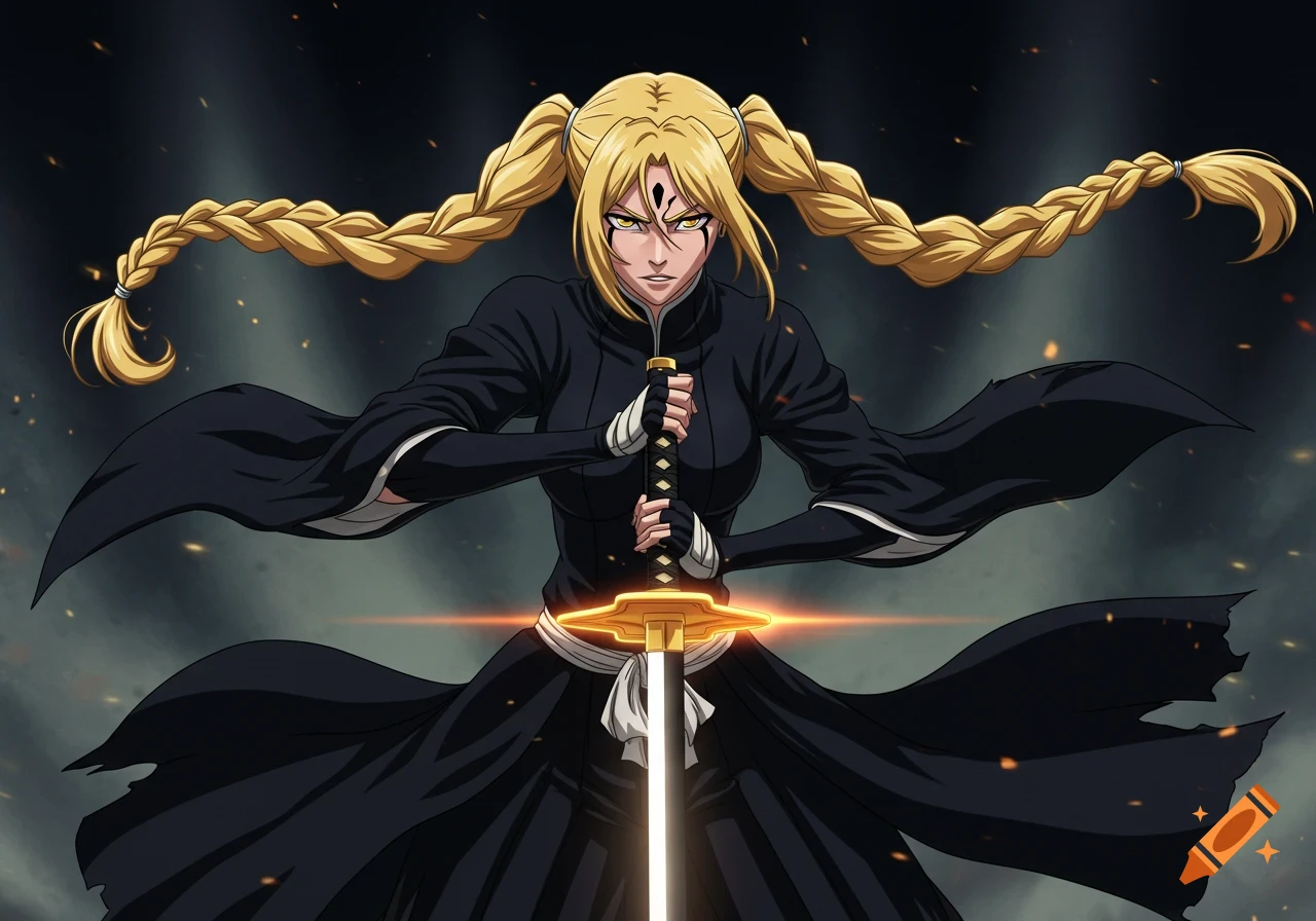 An anime woman with blonde braided pigtails in a black uniform holds a glowing katana with an intense expression in a dynamic pose.
