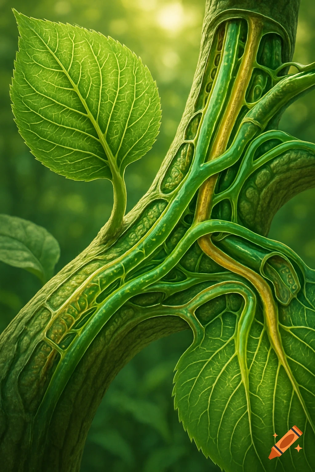 Close-up of a stylized plant stem revealing intricate green and yellow internal circulatory structures and leaves.
