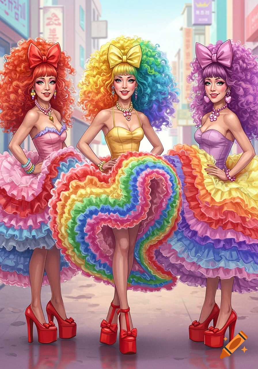Three smiling women with huge colorful curly hair, bows, ruffled dresses, and red platform heels stand on a city street, illustration.