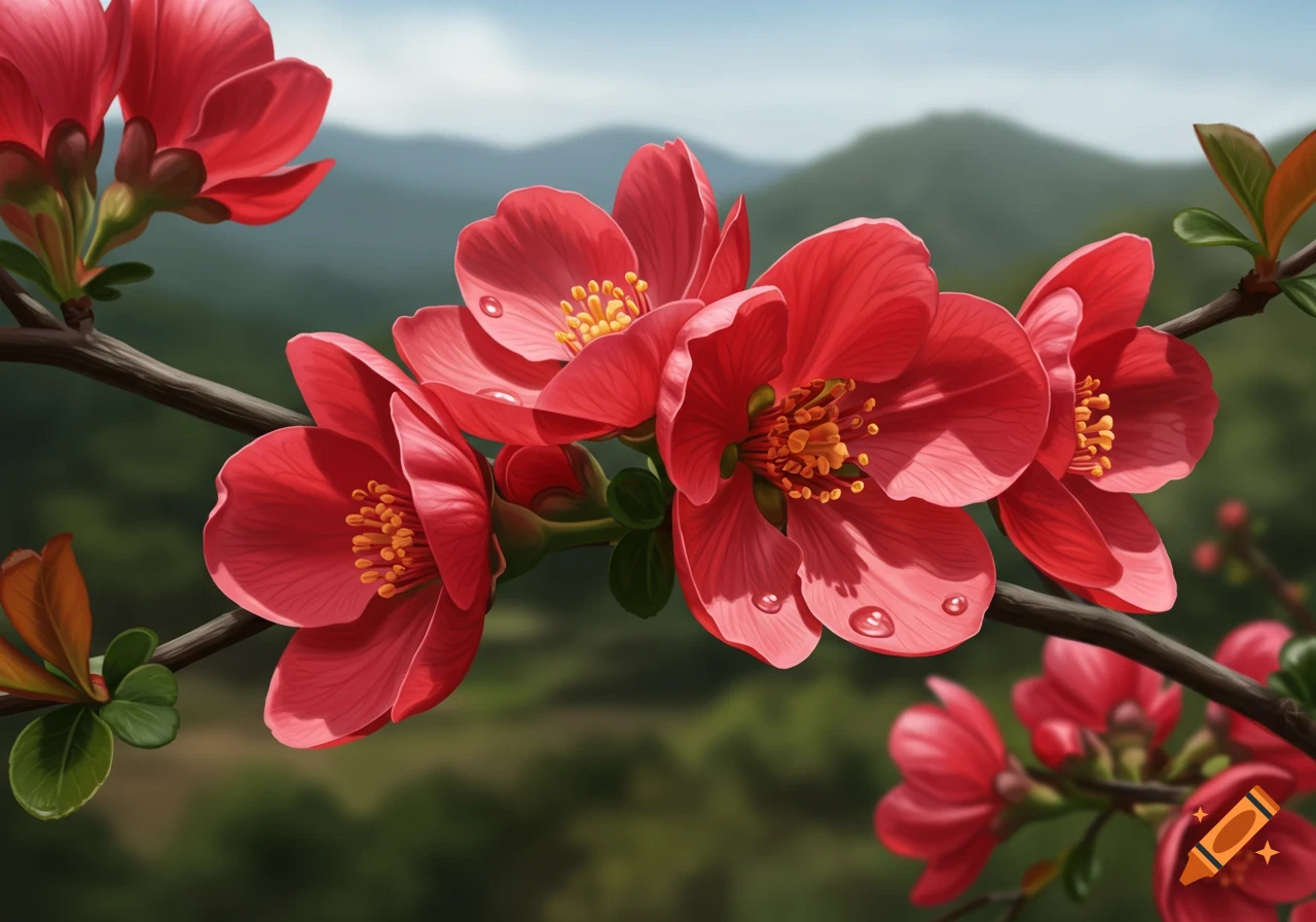 Close-up of vibrant red flowers with water droplets on a branch, blurred mountains in background.