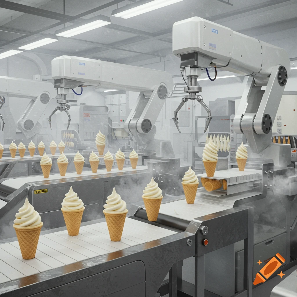 Photorealistic image of robots on a conveyor belt in a factory filling ice cream cones with soft serve.