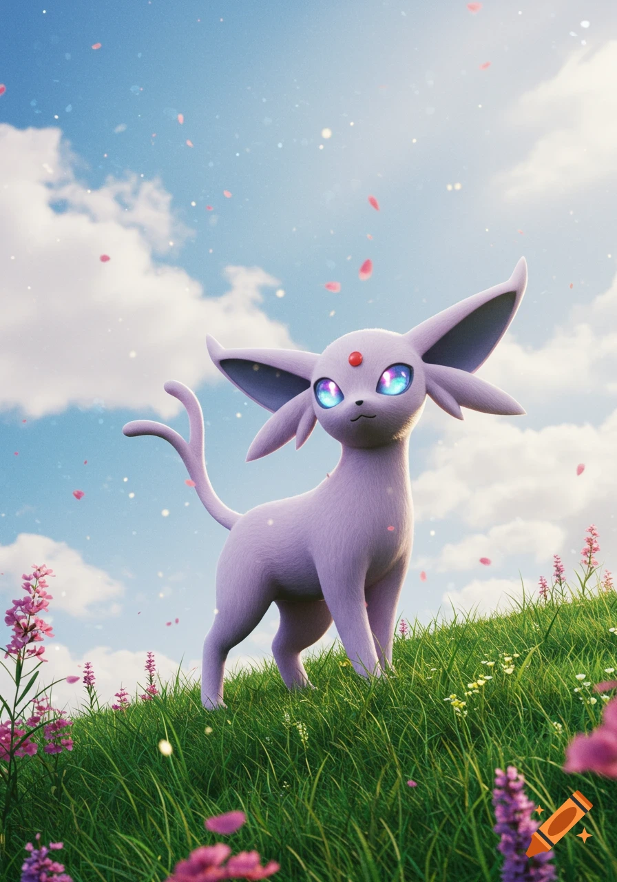 A light purple Espeon with glowing blue eyes stands in a lush green field with pink flowers under a blue sky, with pink petals falling.