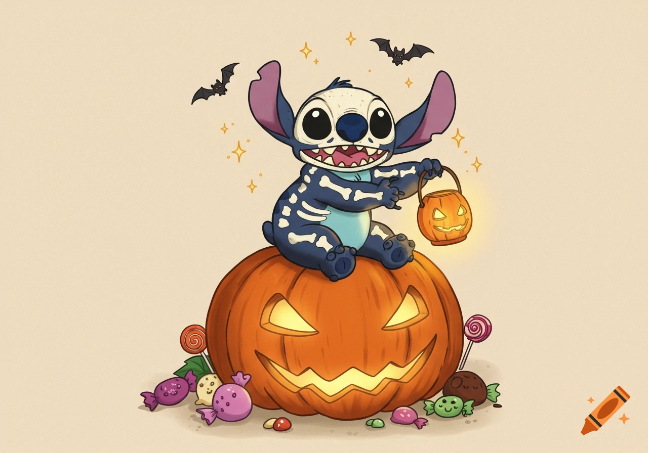 A cute cartoon illustration of Stitch in a skeleton costume, sitting on a jack-o'-lantern with candy and bats.