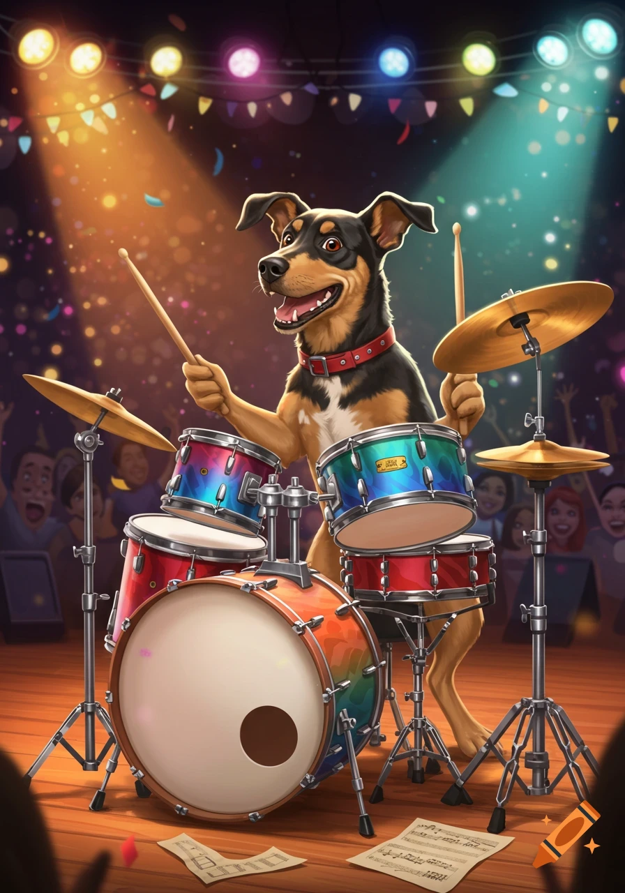A happy cartoon dog plays a colorful drum kit on a brightly lit stage, entertaining an audience.