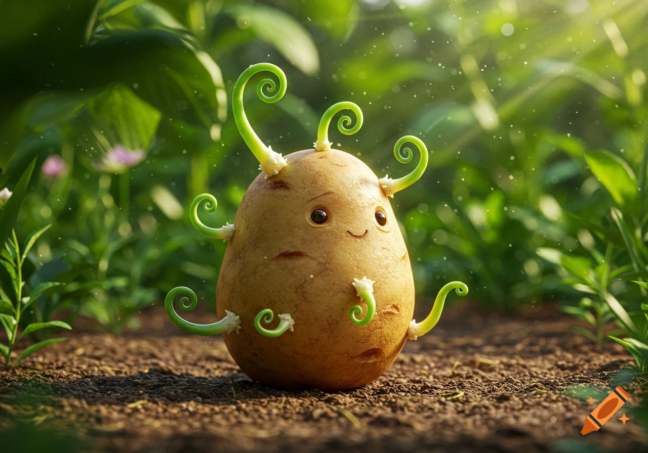 A cute, smiling potato character with green, curly sprouts stands on dirt in a sunny garden.