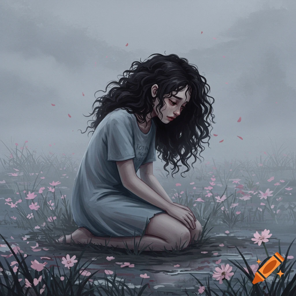 A sad girl with long, curly black hair kneels in a misty field filled with pink flowers and fallen petals, wearing a light blue dress.