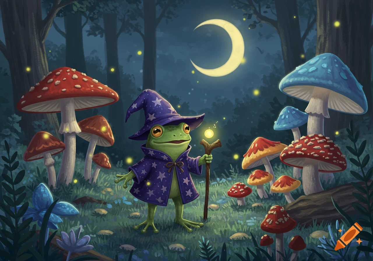 An illustration of a cute wizard frog wearing a purple hat and cloak, holding a glowing staff in a moonlit mushroom meadow.