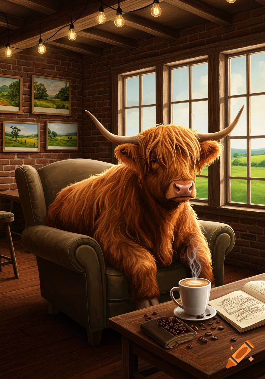 A shaggy Highland cow sits in a cozy armchair in a brick-walled coffee shop, with a steaming coffee cup on the table.