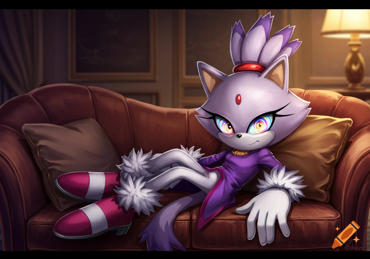 Blaze the Cat, a purple feline cartoon character, lies relaxed on a brown couch with spiral eyes and a calm smile.