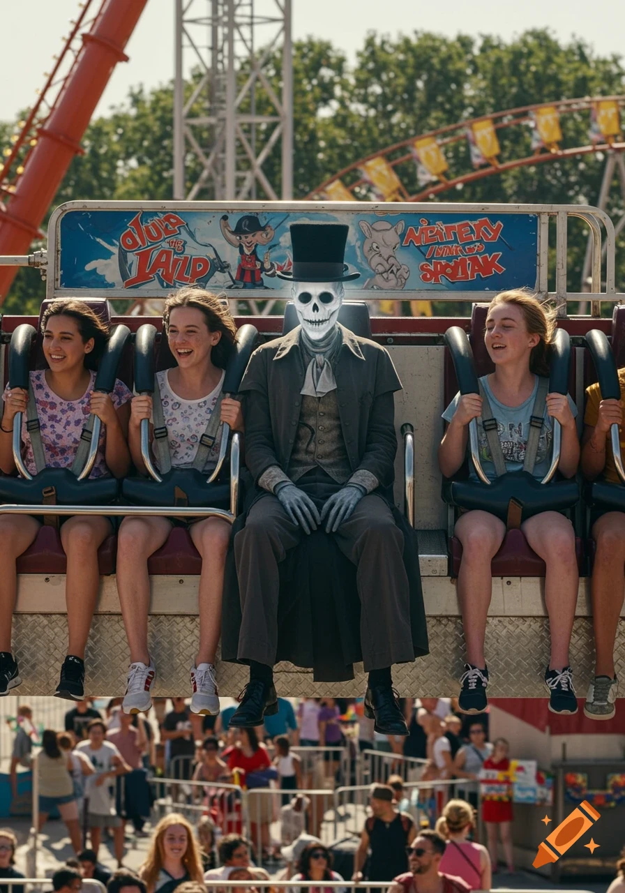 A photorealistic image of the Hatbox Ghost riding an amusement park drop tower with two smiling girls on either side, day.