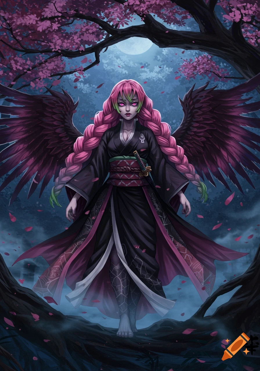 An anime demon girl with long pink braided hair, glowing eyes, and black wings, wearing a black kimono under a cherry blossom tree at night.