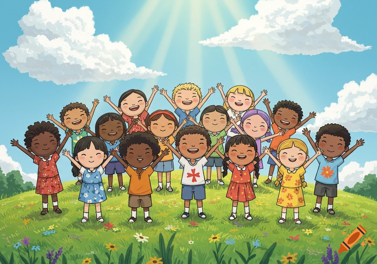 A cheerful group of diverse cartoon children with raised hands and wide smiles on a grassy hill under a sunny sky.