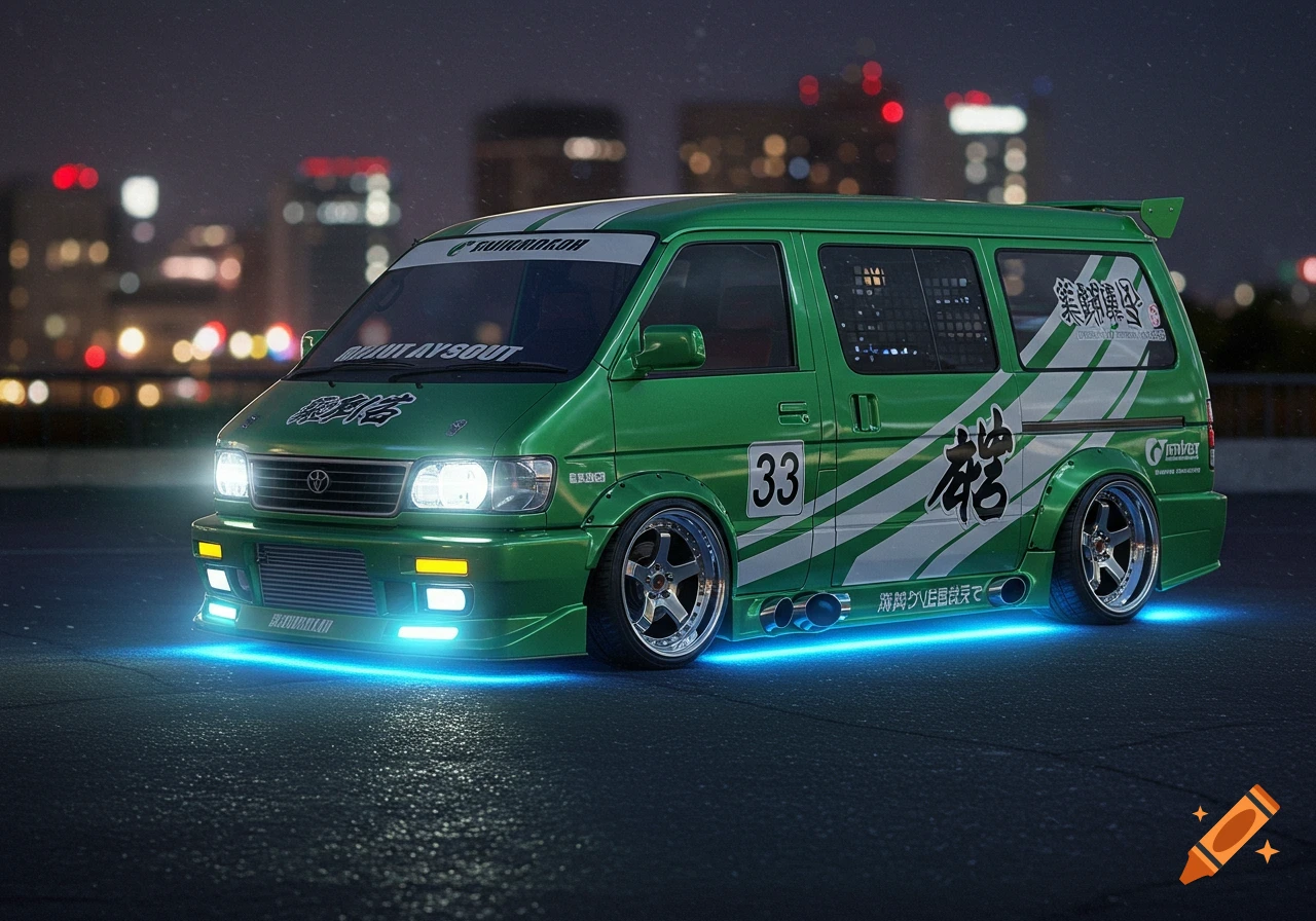 A sleek, green and white customized Japanese-style racing van with blue underglow lights on a dark street at night.