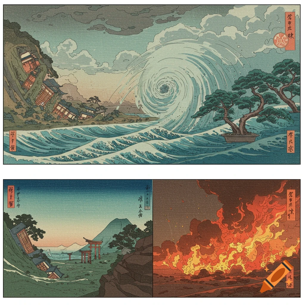 Three Ukiyo-e style panels depicting a tsunami and collapsing buildings, a sunset over a damaged town, and a large fire.