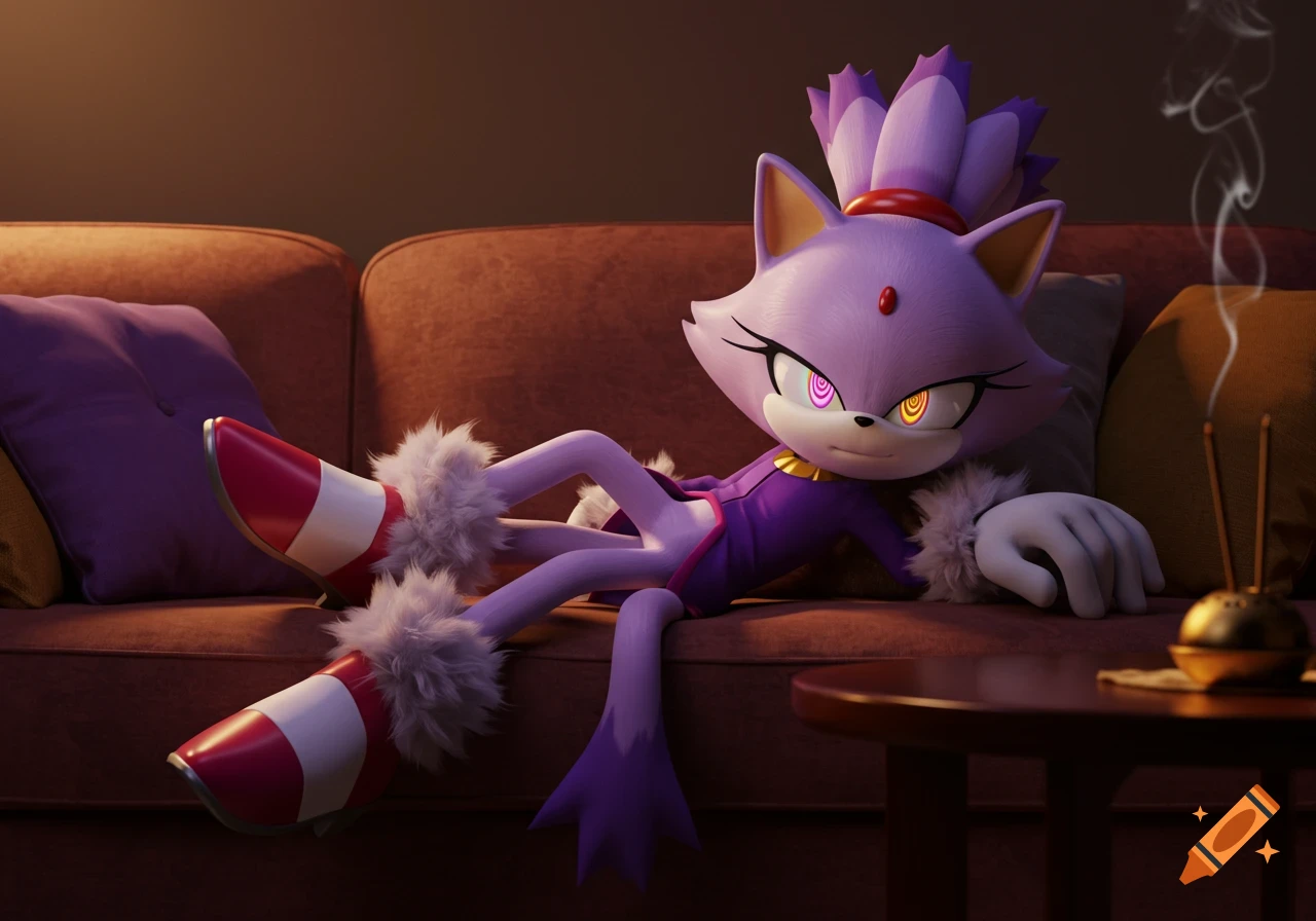 Blaze the Cat with spiral hypnotic eyes, lounging on a brown couch with incense burning.