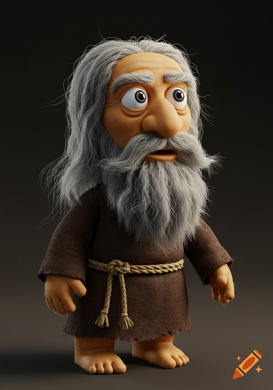 A 3D rendered puppet of a wise old man with a long gray beard and brown robe, looking curious.