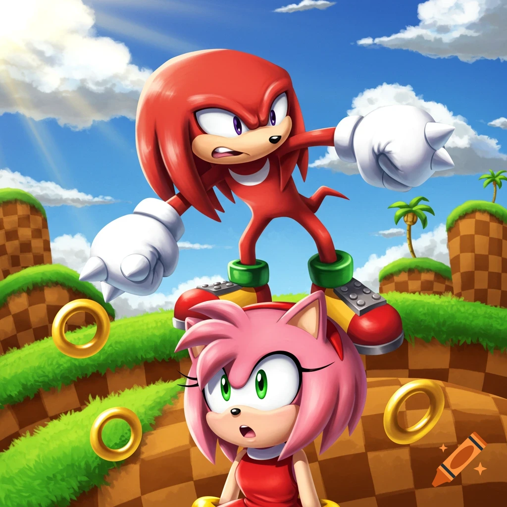 Knuckles the Echidna stands on Amy Rose's head in a vibrant, cartoon style, set in Green Hill Zone with golden rings.