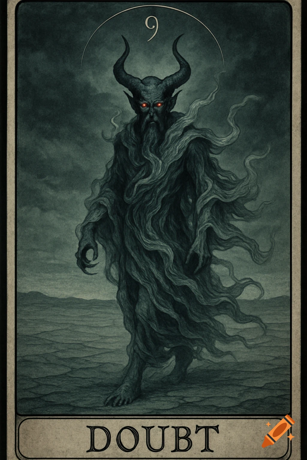 Dark tarot card of a horned, red-eyed devil in smoke robes in a grey desert. It reads '9' and 'DOUBT'.
