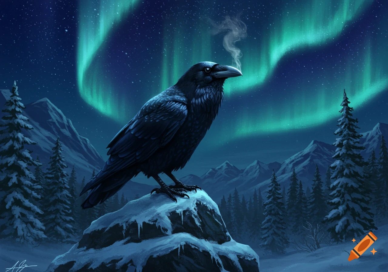 A majestic black raven perches on a snowy rock in a magical winter forest with mountains and vibrant Northern Lights in the dark sky. Steam rises from its beak.