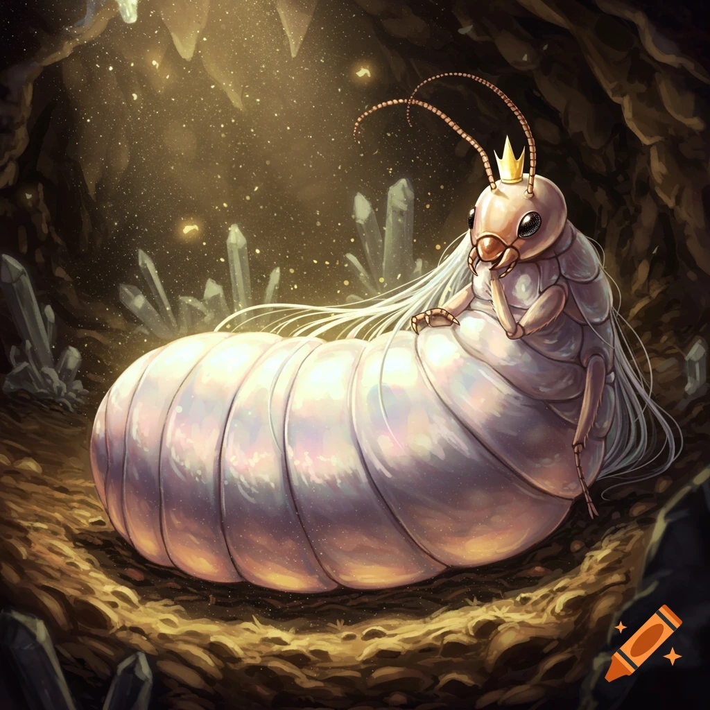 Anime-style termite queen with a golden crown, long white hair, and a large iridescent abdomen, sitting in a glowing crystal cave.
