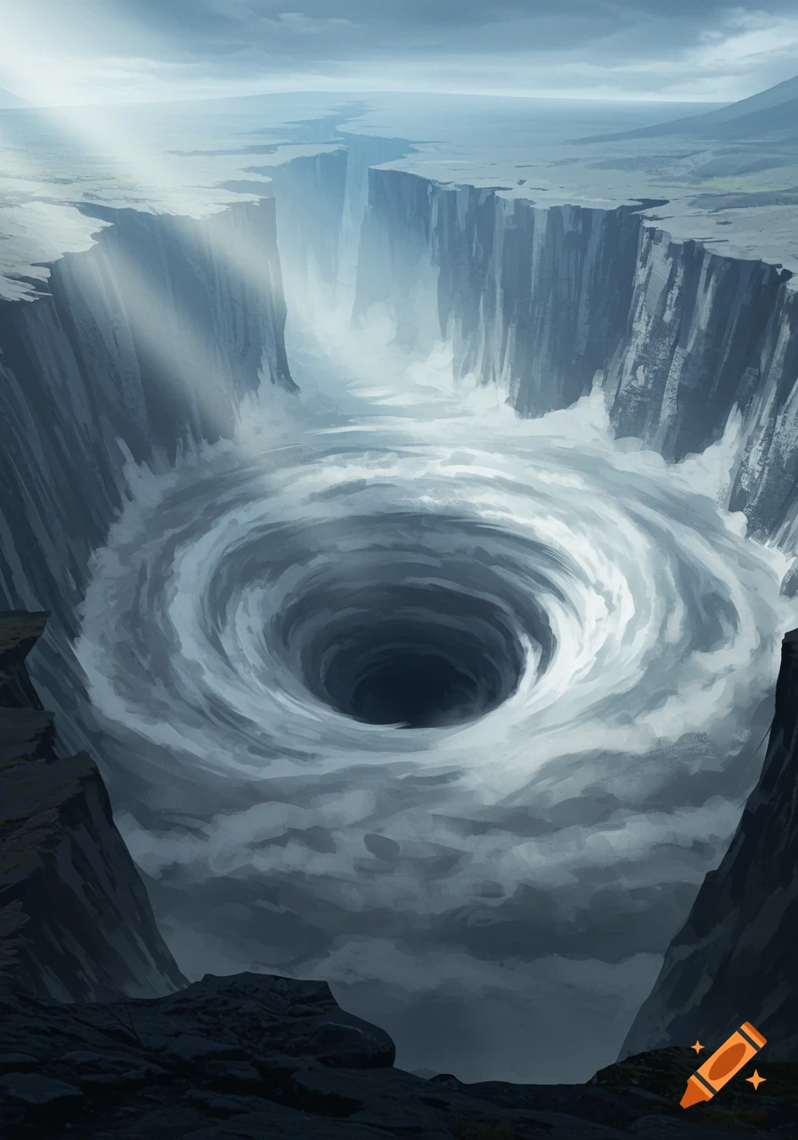 A massive vortex of mist and water swirls into a dark crevasse within a deep canyon, digital art.
