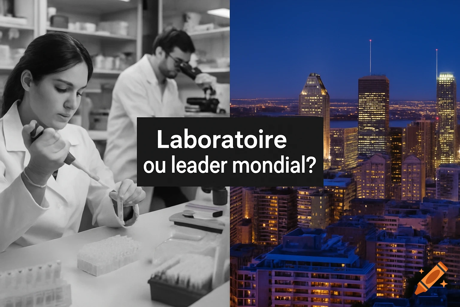 Split image showing a black and white scientific lab on the left and a vibrant colored Montreal skyline at night on the right, with text overlay.